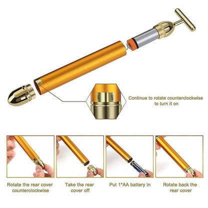 24K Gold T-Bar Electric Facial Massage Roller for Face & Neck