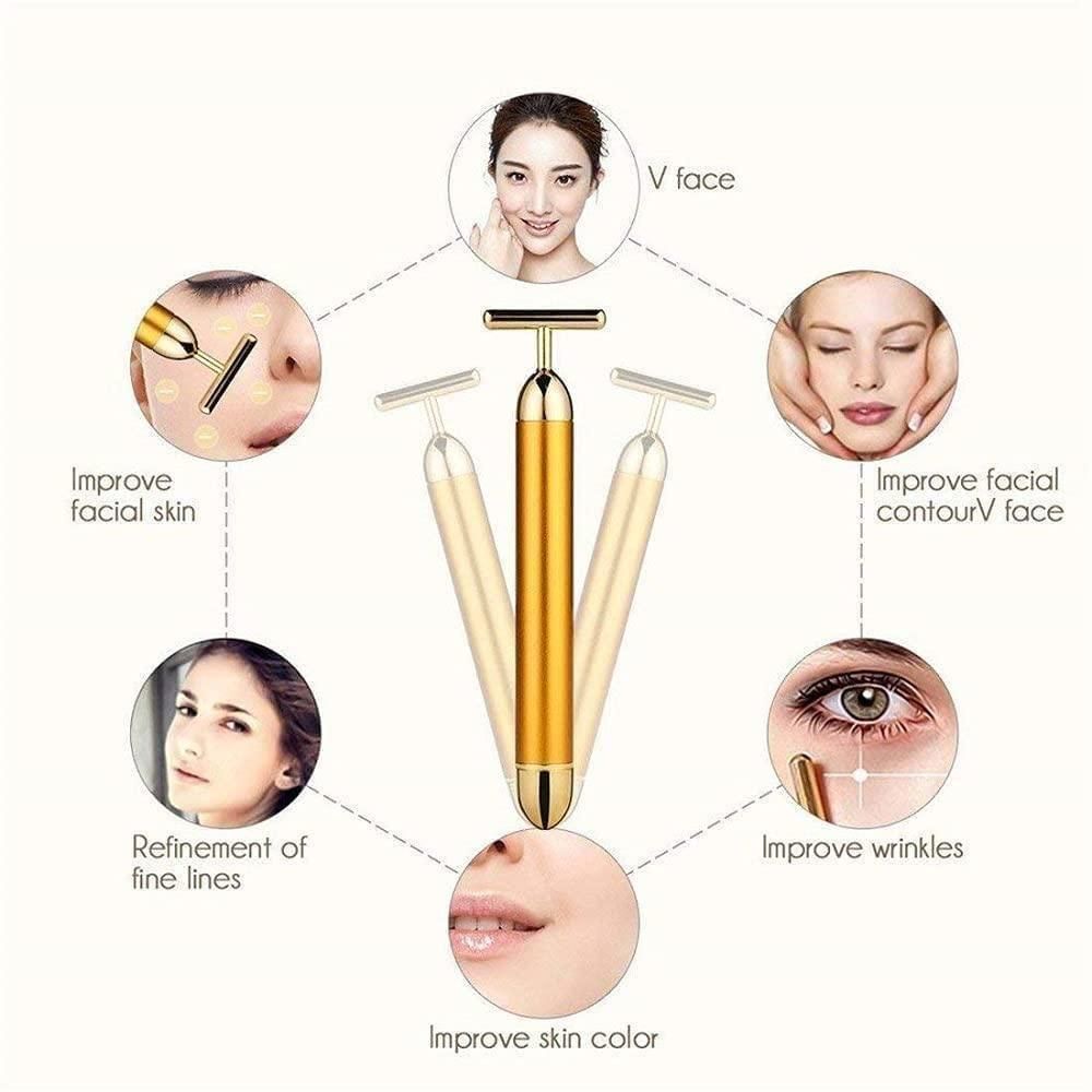 24K Gold T-Bar Electric Facial Massage Roller for Face & Neck